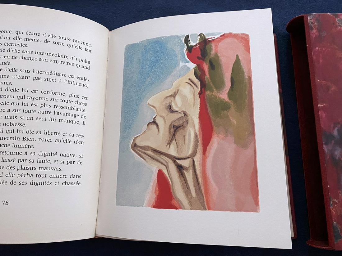 Dali, Salvador. La Divine Comedie.: L'Enfer, Le Purgatoire, Le Paradis. Dante Alighieri, Illustrated by Salvador Dali. Published by Les heures claires, Paris, 1959-1963 6 volumes. Each volume is bound in burgundy half leather and marble