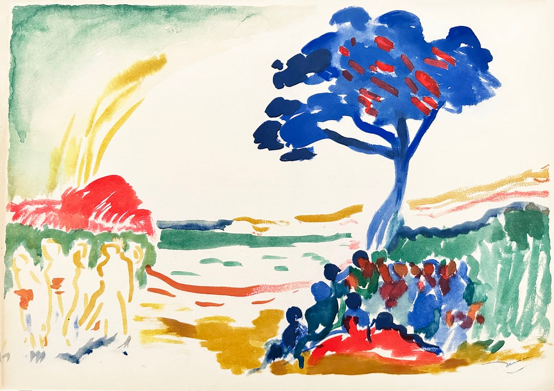 Andre Derain Pochoir. 1959. One of 1,000 copies.: Paysage a l’arbre bleu. 1959. Color pochoir on Wove paper after Andre Derain. One of 1,000 copies. Signed in plate. From the portfolio Douze contemporains, Editions d Art du Lion, Paris 1959. 18 x 1