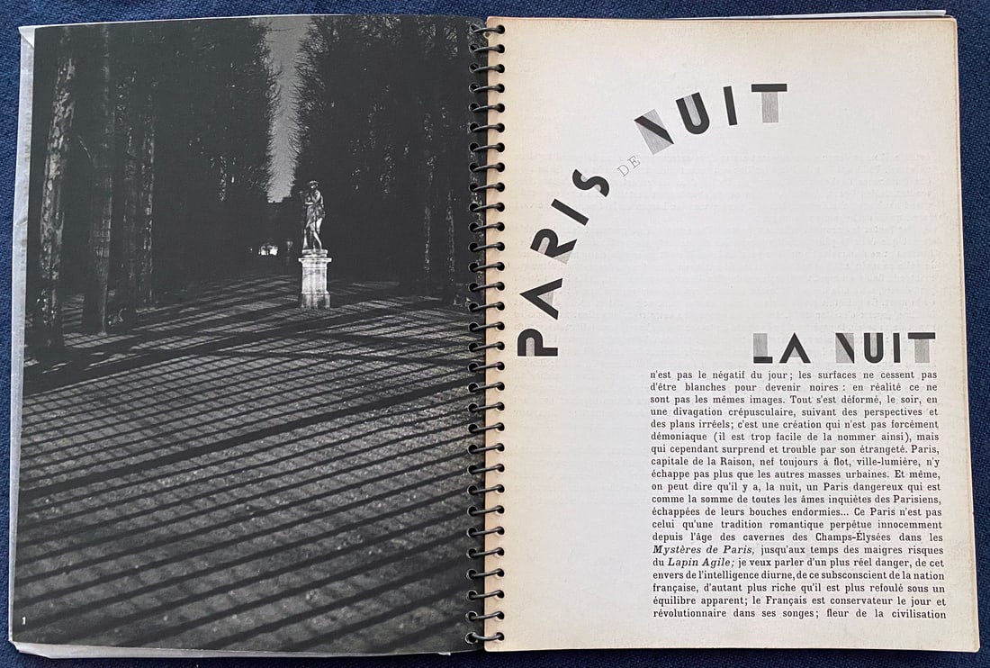 Paris de Nuit. Brassai (Gyula Halasz), Paul Morand. Paris Arts et Metiers Graphiques, 1933.: Original edition. With 62 photographs by Brassai in full page reproduced in heliogravures accompanied by Paul Morand texts, the album is dedicated to Paris nightlife during the 1930. Published in the