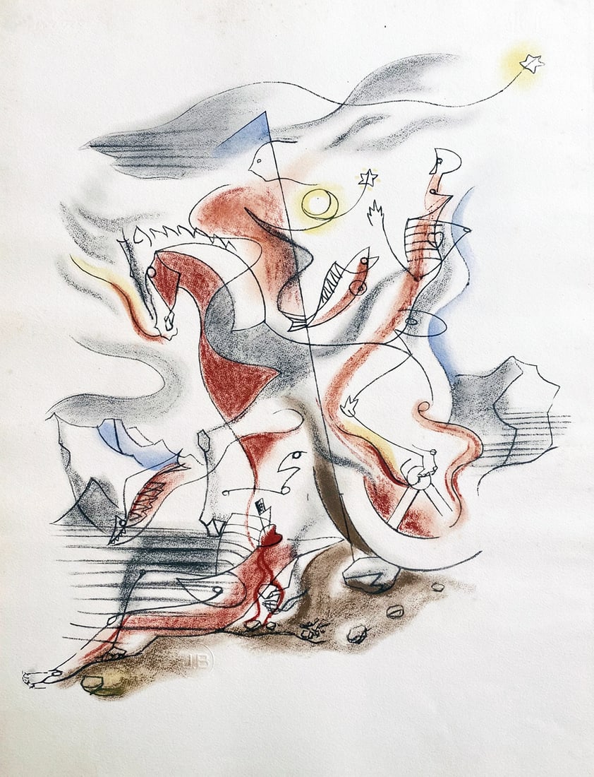 Andre Masson pochoir. 1929, from the portfolio Dix reproductions: Cavalier. 1929. Color pochoir after Andre Masson. One of 1000 copies printed in Velin d'Arches paper with blind stamp and watermark of the publisher printer "JB”, from the portfolio “Dix repro
