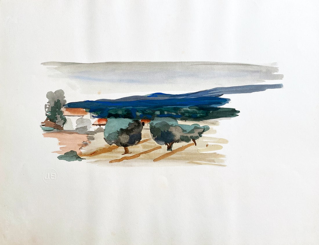 Andre Derain pochoir. 1932, from the portfolio Dix reproductions: Paysage. 1932. Color pochoir after Andre Derain. One of 1000 copies printed in Velin d'Arches paper with blind stamp and watermark of the publisher printer "JB".Paper, from the portfolio “Dix reprod