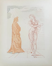 "Virgil Comforts Dante" Woodcut by Salvador Dali. From The Divine Comedy portfolio.