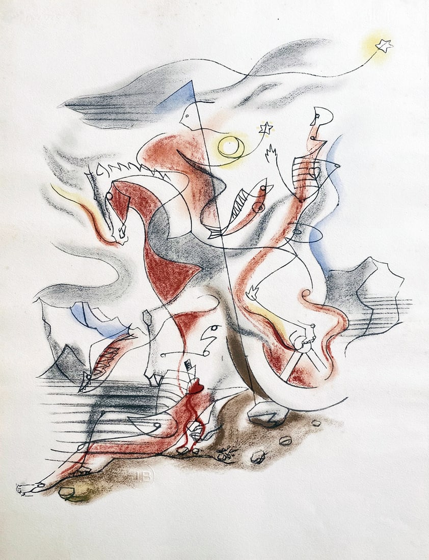 Andre Masson pochoir. 1929, from the portfolio Dix reproductions: Cavalier. 1929. Color pochoir after Andre Masson. One of 1000 copies printed in Velin d'Arches paper with blind stamp and watermark of the publisher printer "JB”, from the portfolio “Dix repro