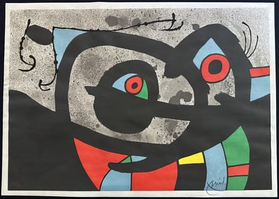 Original lithograph in color signed by Joan Miro. Le Lezard aux plumes d’or, 1971.