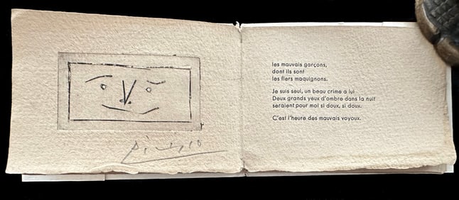Picasso Nuit. Miniature book, with a signed Picasso engraving, one of 30 copies, 1956, PAB