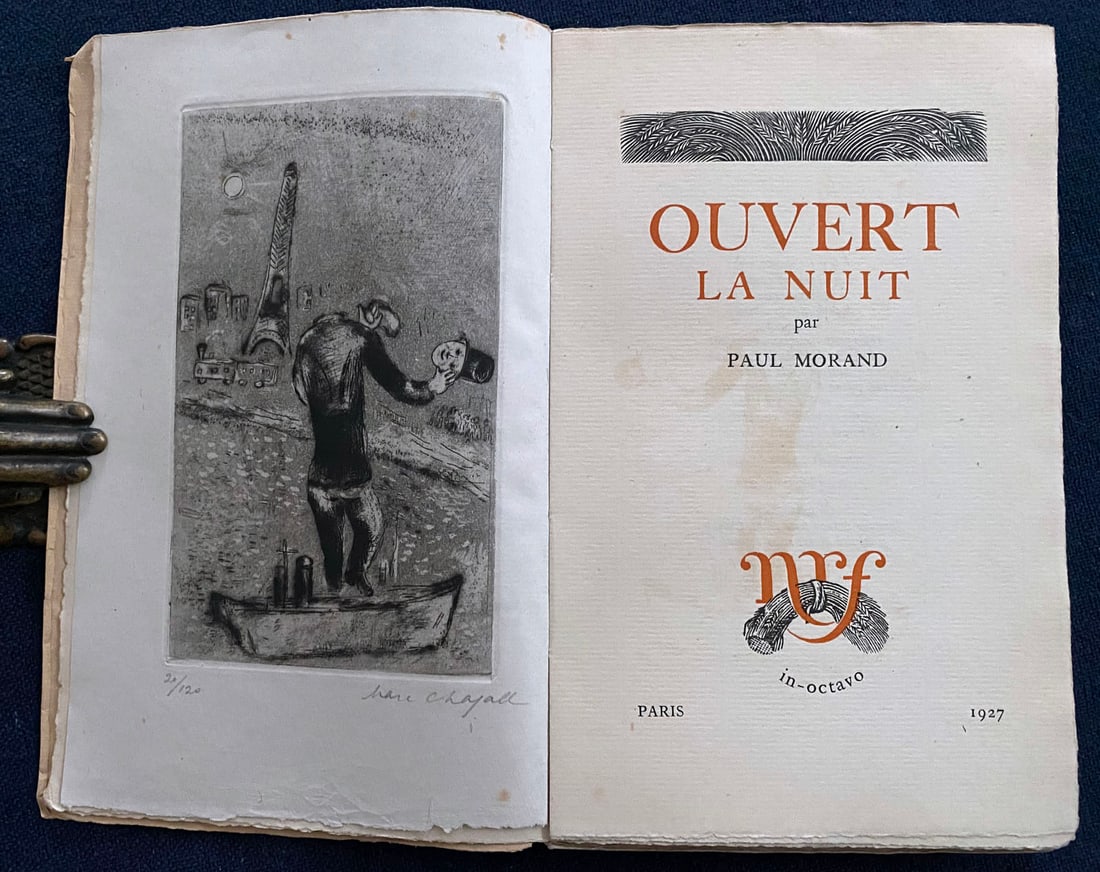 Chagall. Ouvert La Nuit 1927. With One signed and numbered Etching.: Marc Chagall, Paul Morand. NRF Librairie Gallimard. Paris, 1927 In octavo, one of 120 numbered copies on Hollande Pannekoek, with an etching on frontispiece by Marc Chagall on China paper, signed and