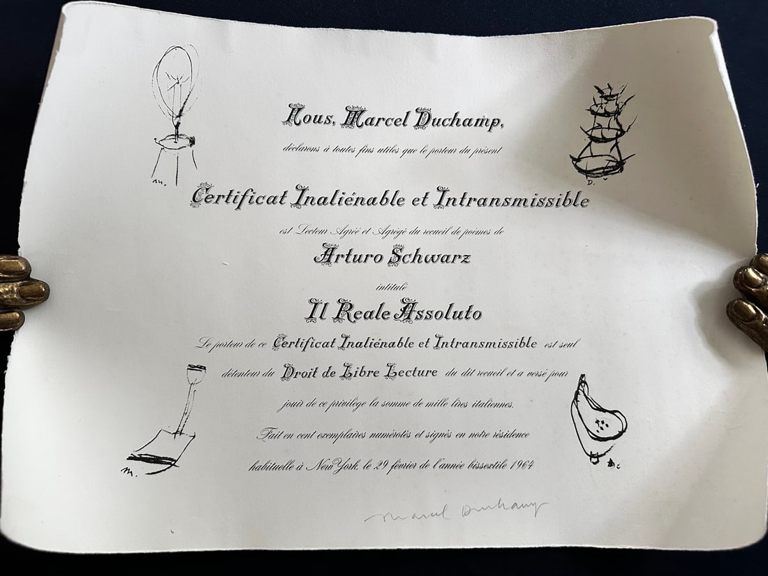 Il Reale Assoluto. With 10 lithographs by Man Ray & 2 by Duchamp. Schwarz. 1964.: Schwarz Gallery in Milan 1964. Portfolio book, illustrated by Marcel Duchamp and Man Ray, poems by Arturo Schwartz. This edition includes 12 lithographs, of which 10 by Man Ray and two by Duchamp incl