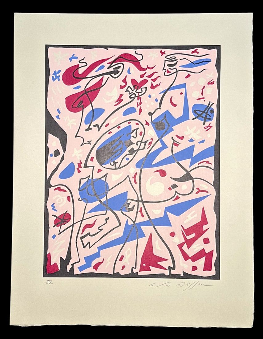 Signed woodcut in color by Andre Masson. 1968, one of 15 copies: Untitled, original woodcut in color by Andre Masson, one of the 15 copies numbered in Roman numbers, printed on Japan Ancient paper, signed and numbered in pencil by the artist. From the portfolio La