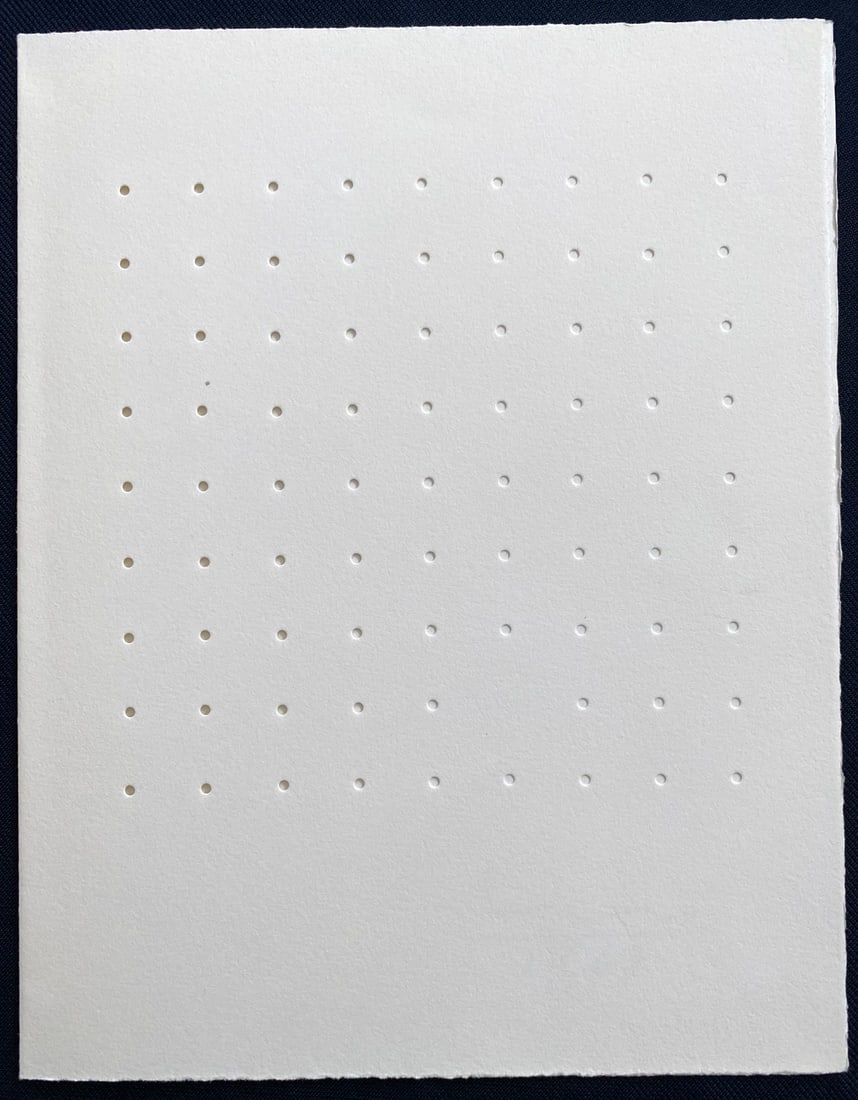 Max Bill signed and numbered Punched Sheet. 1966. One of twenty copies.: 80 Punched Sheet, multiple by Max Bill on a double page folded leave paper, signed and numbered in pencil by the artist on the right side of the leave. One of twenty copies numbered in roman numerals.