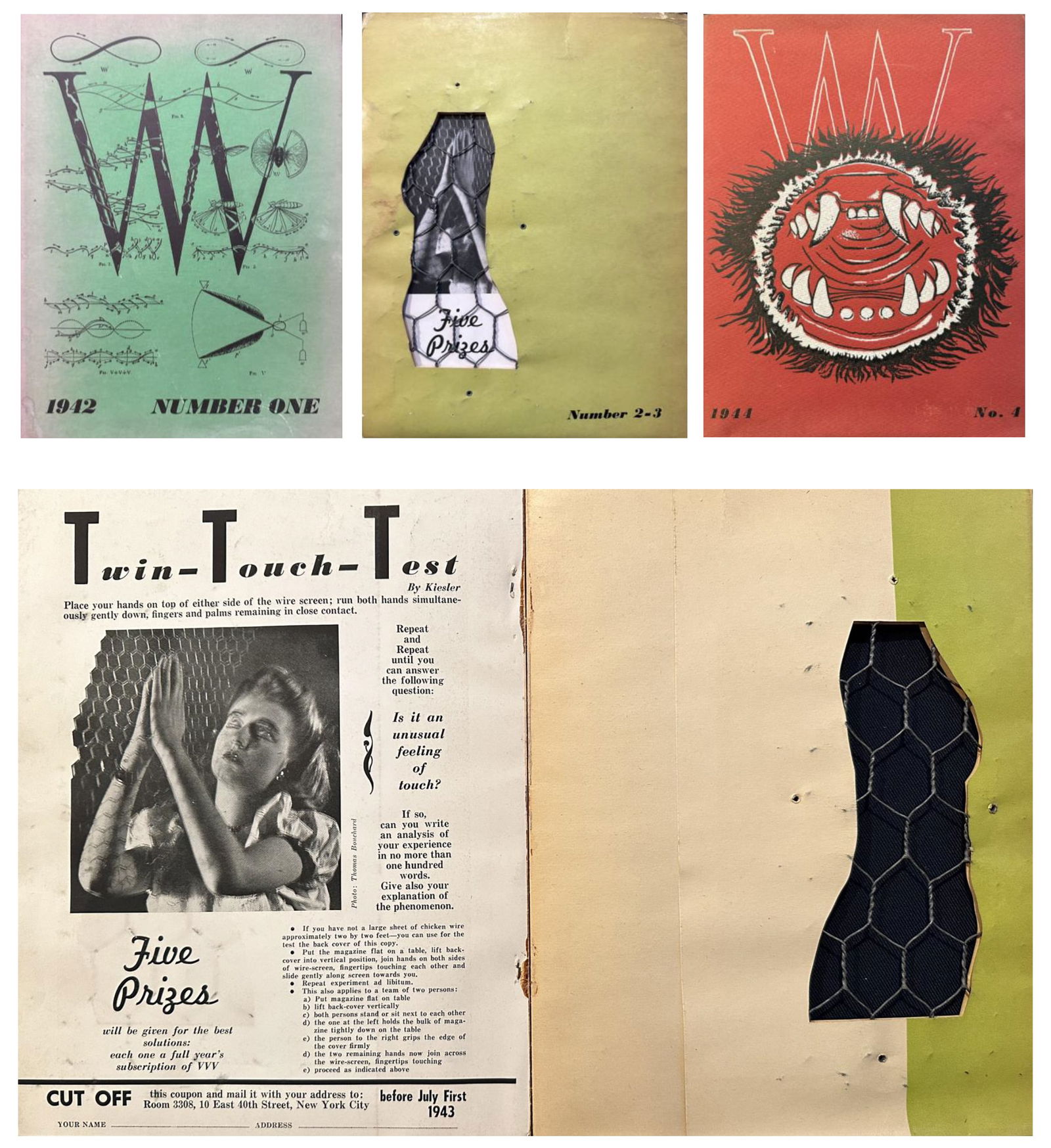 VVV n 1-4 1942-1944. Surrealist Journal by David Hare: The complete set of four issues in three volumes, N. 2-3, is double, published during World War II from 1942 to 1944. A significant publication dedicated to the Surrealist movement, edited by David Ha