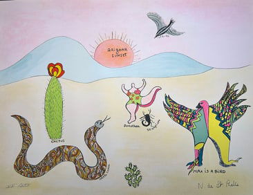 Lithograph by Niki de Saint Phalle. Signed. Bonjour Max Ernst. One of 30 copies. 1976.