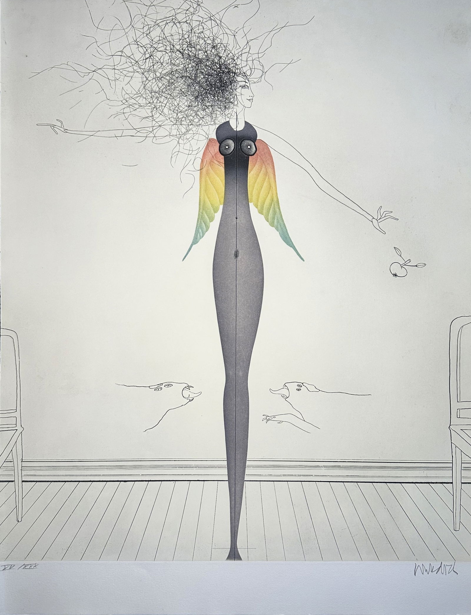 Paul Wunderlich. Etching. Signed. Bonjour Max Ernst. One of 30 copies. 1976.: Etching and aquatint in colors on Arches. One of 30 copies in Roman numerals, signed and numbered in pencil by the artist. Printed at Atelier George Visat in Paris, published by Éditions Georges Visa