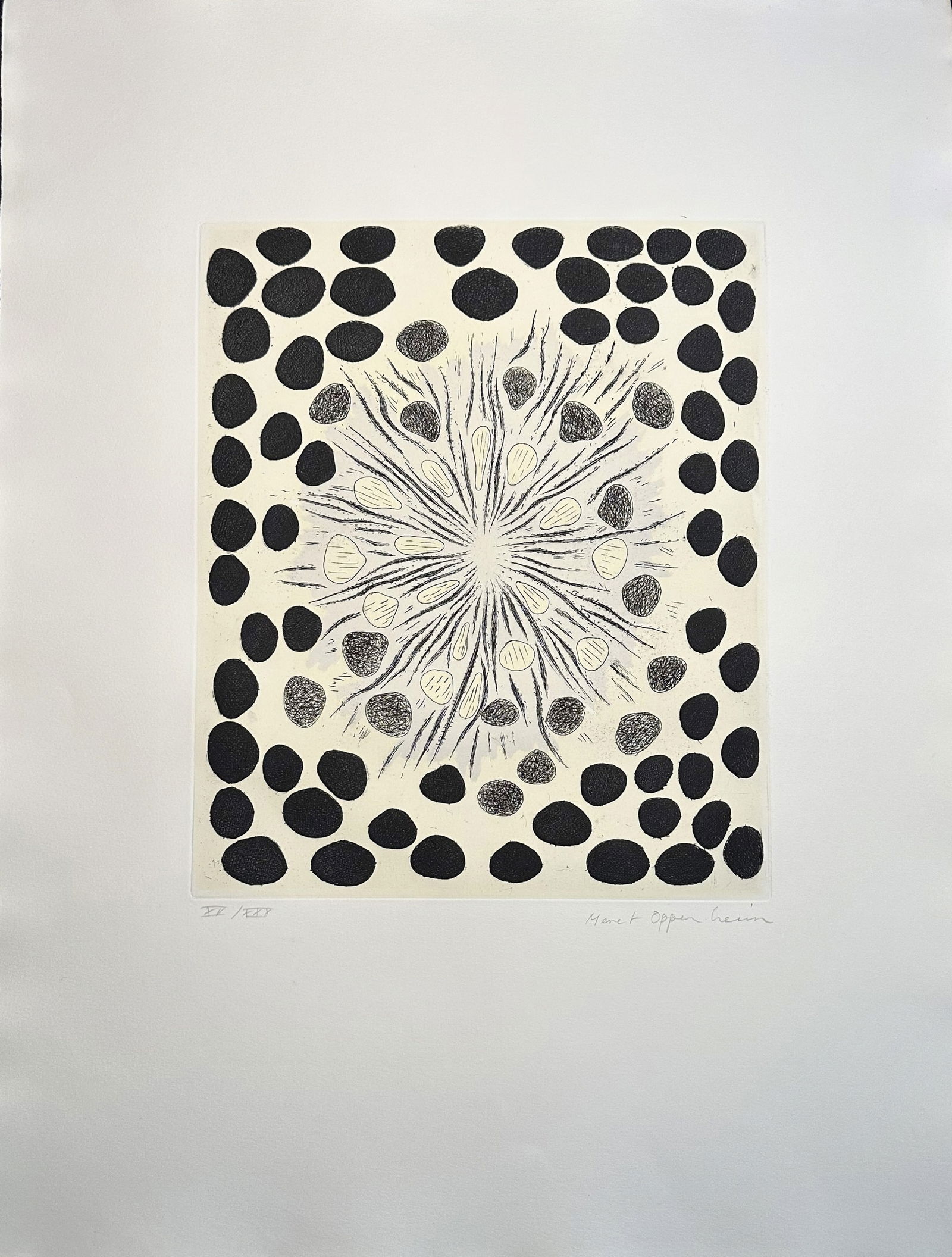 Meret Oppenheim. Etching. Signed. Bonjour Max Ernst. One of 30 copies. 1976.: Etching and aquatint in colors on Arches. One of 30 copies in Roman numerals signed and numbered by the artist in pencil. Printed at Atelier George Visat in Paris, published by Éditions Georges Visat