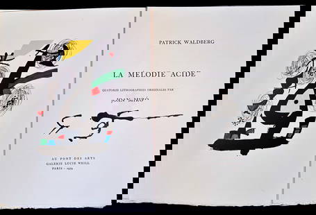 Miro. La Melodie Acide. With 14 lithographs: Au Pont des Arts, Paris 1980. Text by Patrick Waldberg, illustrated by Miro with 14 lithographs in color. Complete portfolio with 14 lithographs, text, title and signed justification page, in Arches p