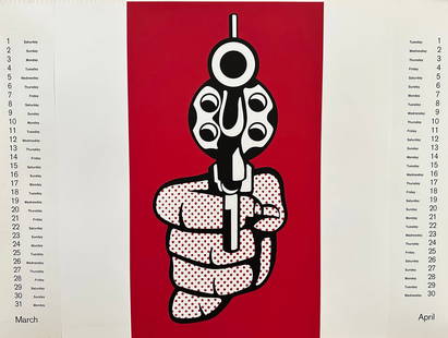 Banner. Calendar for 1969. Prints by Dine Indiana Warhol Lichtenstein Wesselman Dine Krushenick.: Multiples Inc, New York, printed by Domberger, Stuttgart around 1968. 6 color serigraphs on light cardboard with spiral binding, each preceding the calendar sheets. Serigraphs by: J. Dine (The Red Boo
