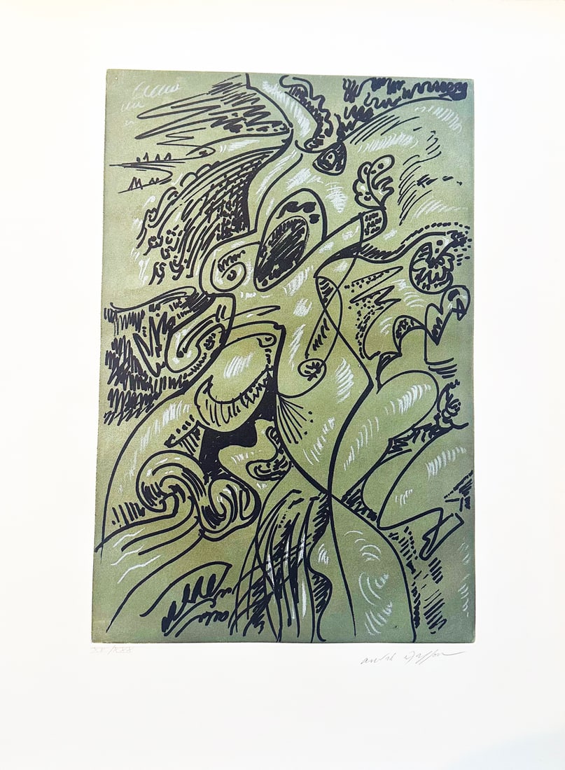 André Masson. Etching. Signed. Bonjour Max Ernst One of 30 copies. 1976.: Etching and aquatint in colors on Arches. One of 30 copies in Roman numerals, signed and numbered in pencil by the artist. Printed at Atelier George Visat in Paris, published by Éditions Georges Visa