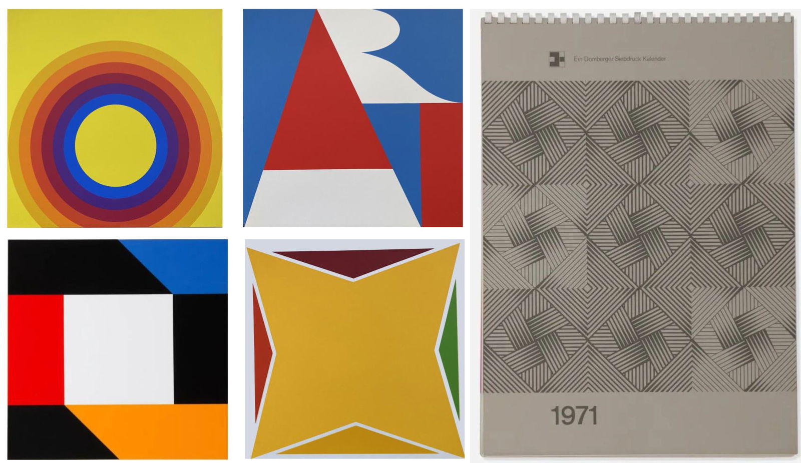 Ein Domberger Siebdruck Kalender. With 12 screenprints. 1971: Edition Domberger, complete set of twelve screeprints. Edition limited in 2500 numbered copies. Works by Herbert Kapitzki, Max Bill, George van der Sluis, Herbery Bayer, Robert Indiana, Muller-Brittna