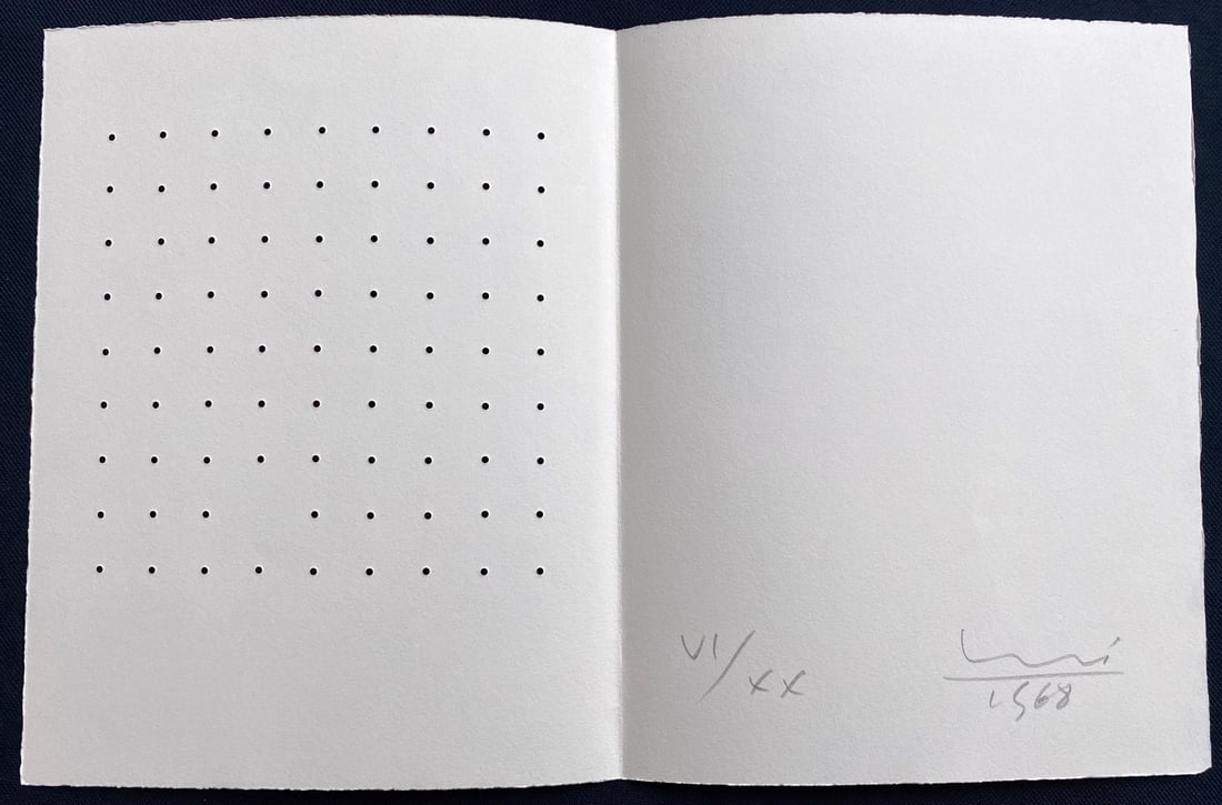 Max Bill signed and numbered Punched Sheet. 1966. One of twenty copies.: "80" Punched Sheet, multiple by Max Bill on a double page folded leave paper, signed and numbered in pencil by the artist on the right side of the leave. One of twenty copies numbered in roman numeral