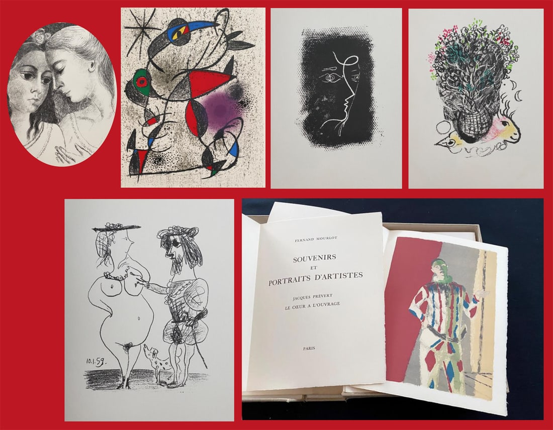 Souvenirs et Portraits d’Artistes. Prints by Giacometti, Matisse, Picasso, Miro, Chagall and: Jacques Prevert: Le Coeur a L’Ouvrage. Paris & New York: Fenand Morurlot, 1972 Alain A.C. Mazo, Paris -Leon Amiel, New York. Portfolio loose as issue, with 25 lithographs in full page, printed in wo