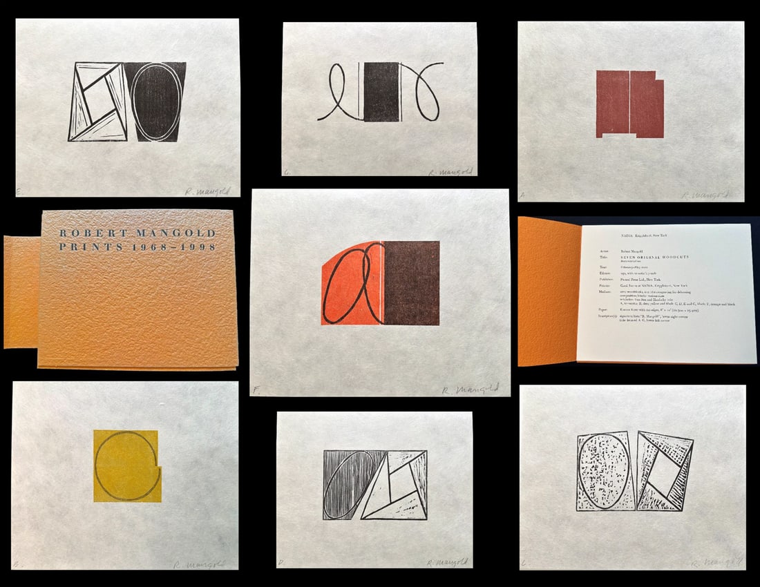 Robert Mangold Seven signed Woodcuts 1968-1998 .: Parasol Press, Ltd., New York, 2000. A complete set of seven color woodcuts by Robert Mangold on Korean Kozo paper, each with full margins, the sheets loose as issued. Accompanied by the catalogue rai
