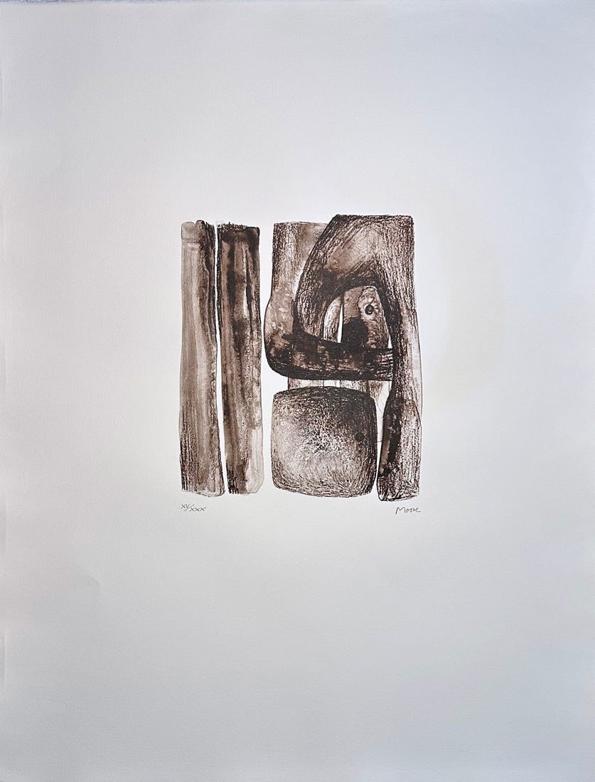 Henry Moore Lithograph. Signed. Bonjour Max Ernst. One of 30 copies. 1976.: Lithograph on Arches. One of 30 copies in Roman numbers signed and numbered in pencil by the artist. Printed at Atelier George Visat in Paris, published by Éditions Georges Visat, Paris, 1976 for the