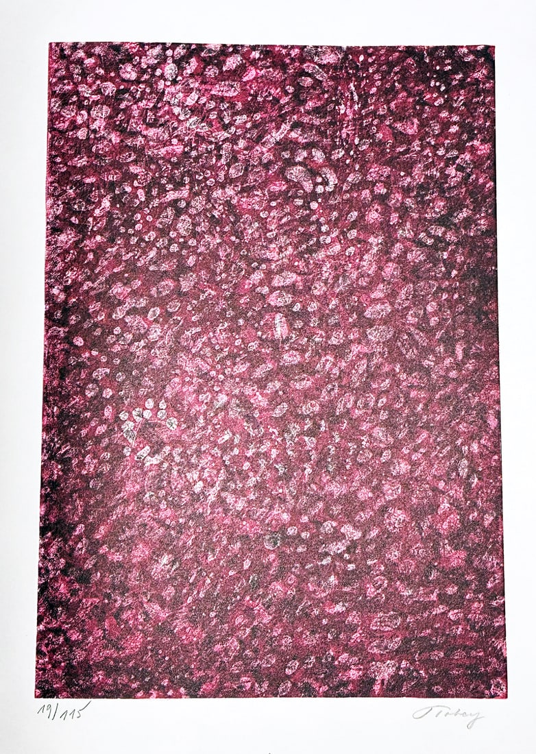 Mark Tobey. Signed Lithograph. 1978. One of 115 copies.: Lithograph in color by Mark Tobey. Signed and numbered by the artist in pencil. One of 115 numbered in Arabic numerals in Rives paper. Published in 1978 by Erker Presse, for the suite dedicated to Jea