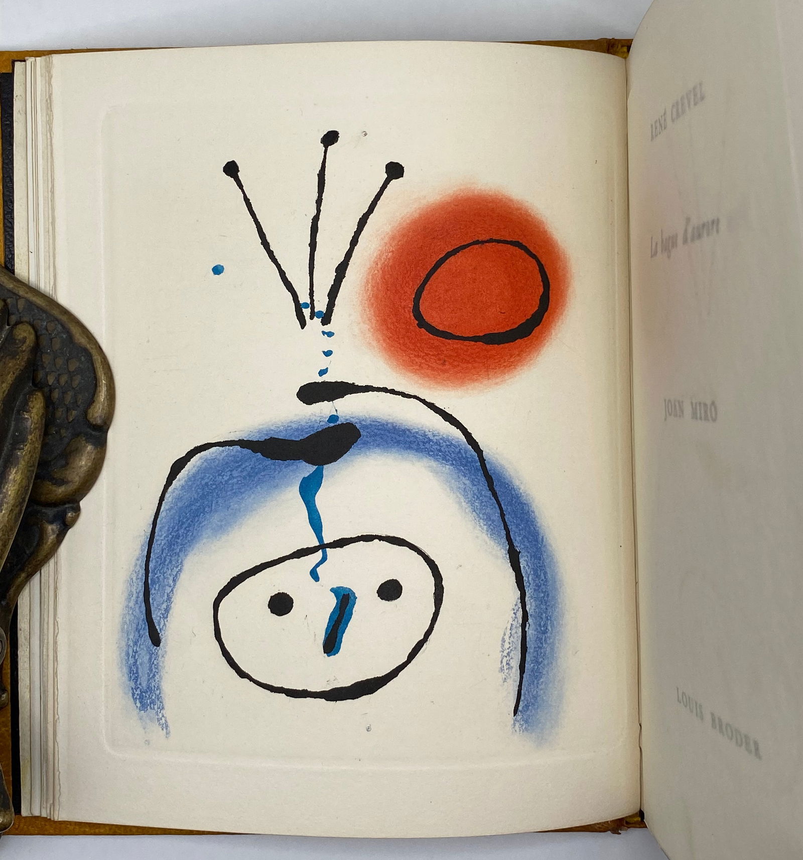 Miro. La Bague De Aurore. With 6 Etchings. 1957.: La bague de aurore Louis Broder, Paris 1957. First edition, 4th volume of the collection Mirror of the poet. Illustrated with a dry point in black printed on Japanese paper for the cover, and 5 origin