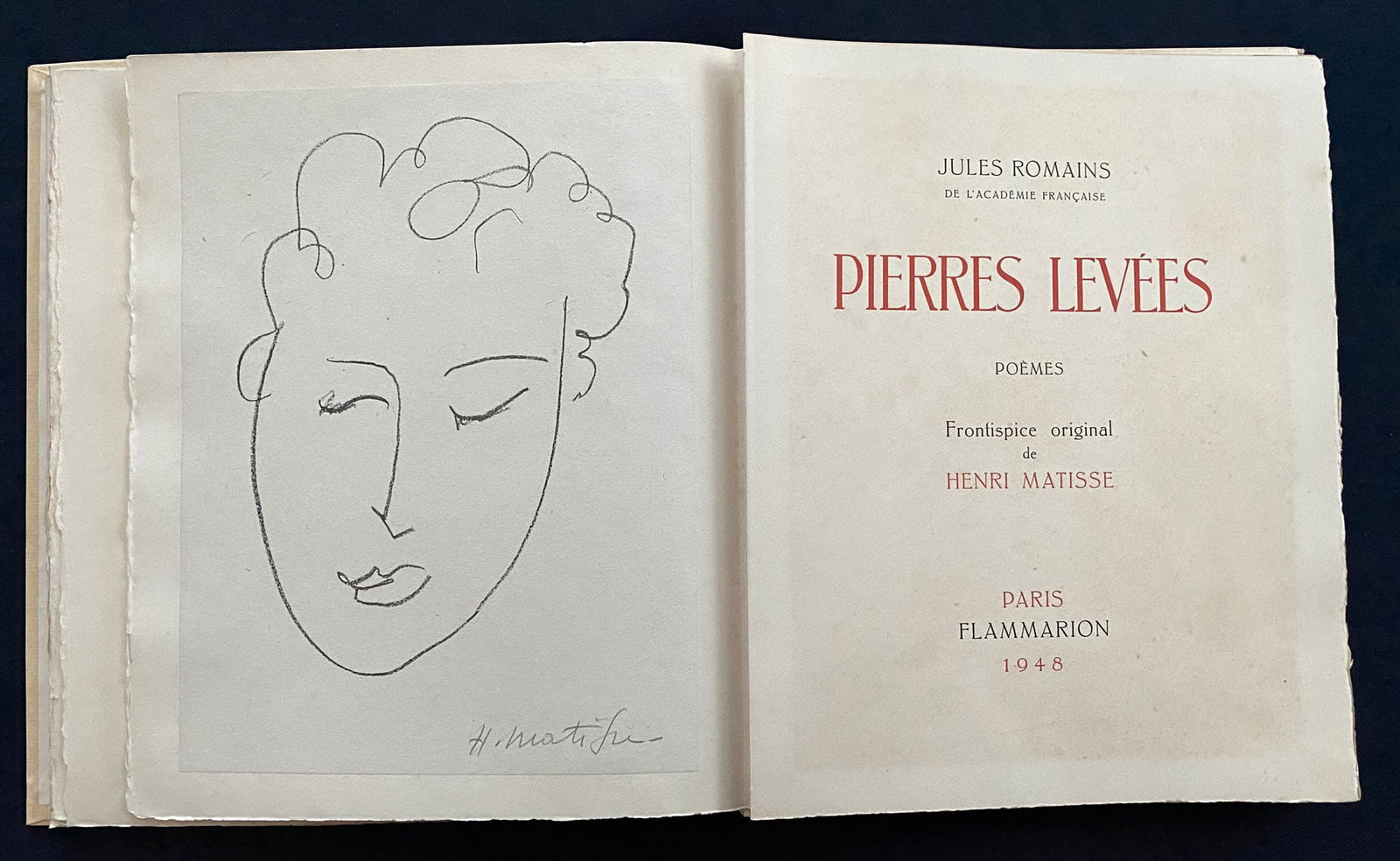 Matisse. Pierres Levees. With a signed lithograph.: Paris, Flammarion, 1948. Poems by Jules Romains accompanied by one lithograph signed in pencil by Matisse. Inscribed by Jules Romains, with a dedication in blue pen to Marcel Bussac dated Dicembre 195