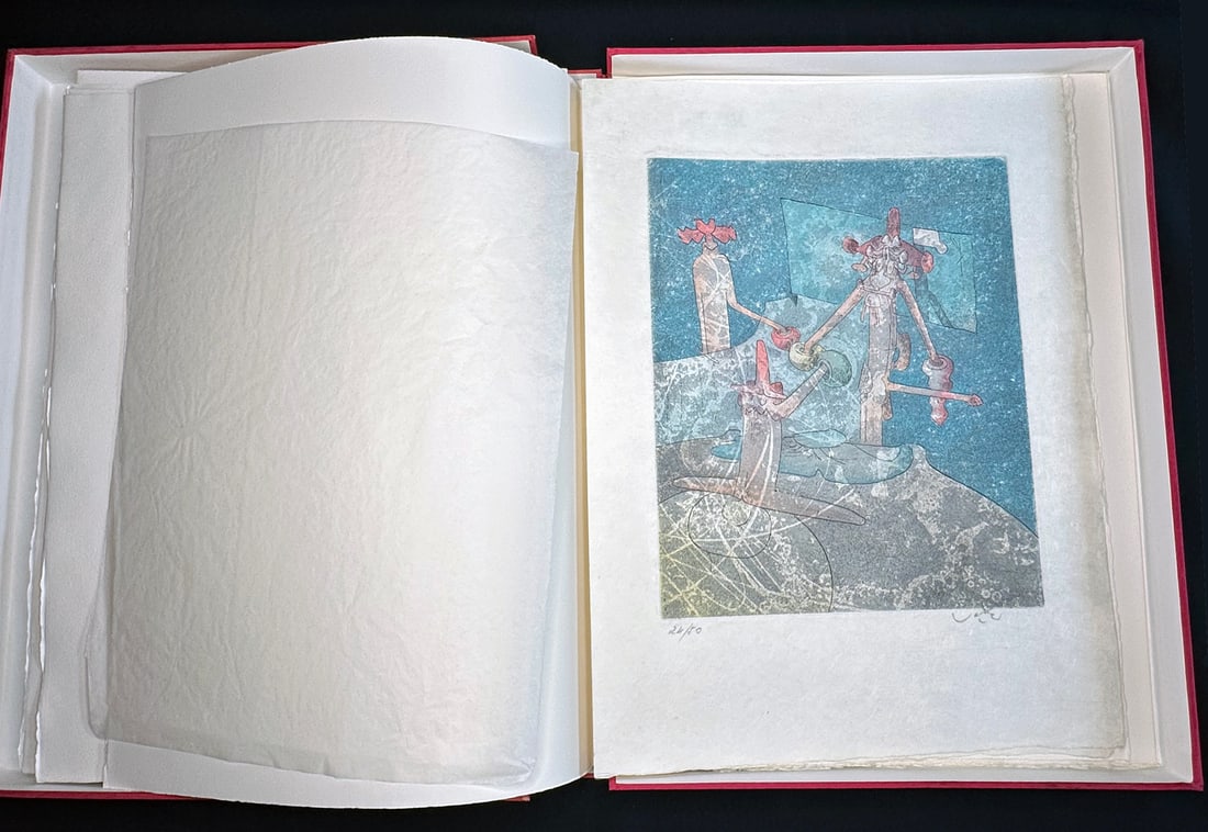 Sur Matta. Deluxe Edition with two signed etchings + suite: "Sur Matta," 1970, with Pierre Belfond, Roberto Matta. One of fifty deluxe copies that includes an extra suite of two signed and numbered etchings in Japan, for a total of four color etchings by Matta
