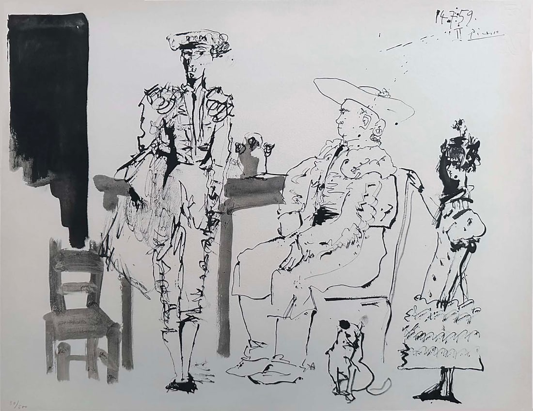 Picasso, Pablo. Toros, with 15 pochoirs.: Edition Au Vent d’Arles, Paris 1960 Poem by Pablo Neruda, translated by Jean Marcenac, Pablo Picasso Illustrator. Portfolio with 15 pochoirs of Picasso’s original wash drawings, by Jacomet.Limited