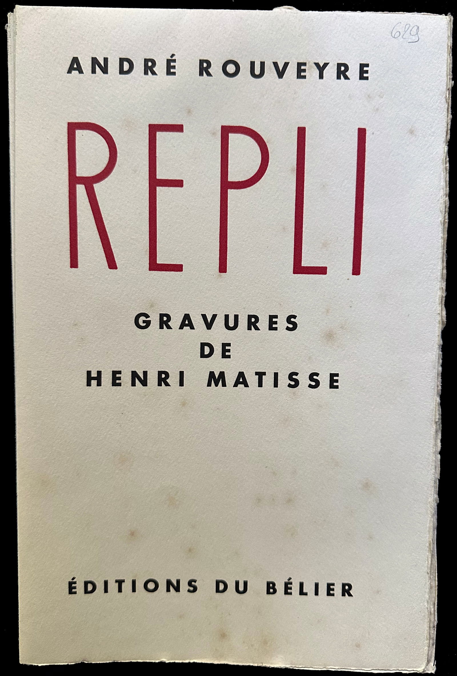 MATISSE, Henri / André Rouveyre. Repli. 1947.: ROUVEYRE, André; MATISSE, Henri (illus.). Éditions du Bélier, Paris, 1947.Folio, loose as issued in the stenciled yellow Matisse cover, with chemise and slipcase. Illustrated with 12 original litho