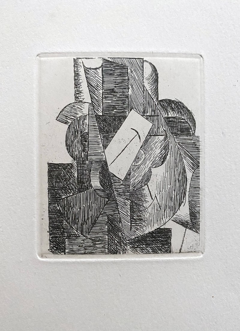 Picasso Etching. 1947. One of 380 copies.: Man with a Hat. 1914 Etching by Pablo Picasso. One of 380 copies on Lana paper. This etching is one of a small series of cubist works that Picasso etched between 1913-1915 and the only ones that was p