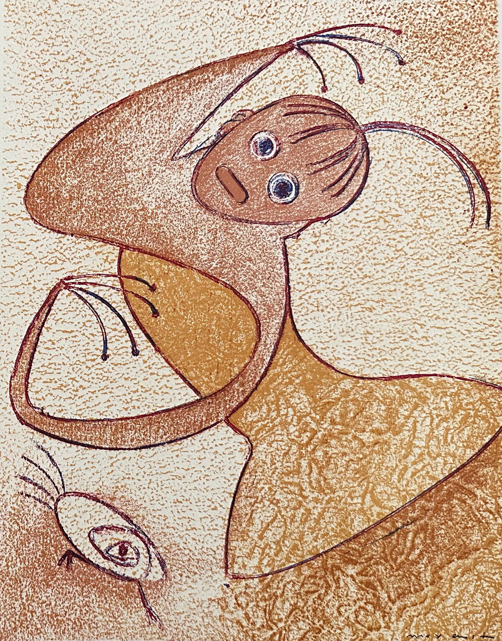 Max Ernst Original Lithograph 1975. One of 575 copies: Original Lithograph in color by Max Ernst, signed in plate, printed in Arches wove by Fernand Mourlot in Paris. Original lithograph for the portfolio "San Lazzaro et ses amis", honoring Gualtieri di S