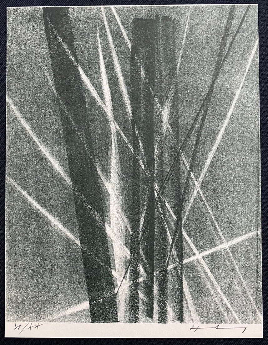 Hans Hartung signed and numbered Lithograph. 1966. One of twenty copies.: Green-Gray lithograph by Hans Hartung. Signed and numbered in pencil by the artist. One of twenty copies numbered in roman numerals. Part of the portfolio Hommage a Hans Arp, St Gallen, Galerie im Erk