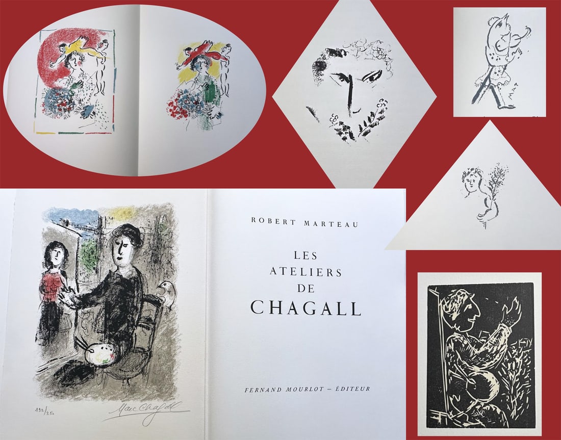 Les Ateliers de Chagall. With a signed lithograph by Chagall: Marc Chagall. Fernand Mourlot, Paris 1976. Text by Rober Marteau. Complete portfolio with a lithographs in color numbered and signed in pencil by Chagall. Also included on the portfolio 6 lithographs