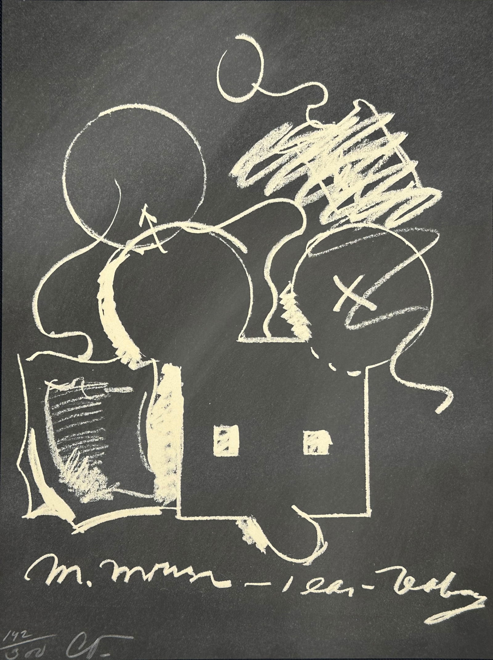 Claes Oldenburg signed lithograph. 1973. One of 300 copies.: M. Mouse (with) 1 Ear (equals) Tea Bag Blackboard 1973, lithograph and screenprint, hand-dusted with chalk. Monogrammed and numbered to lower left by the artist. Stamped on verso Copyright 1973 By Cla