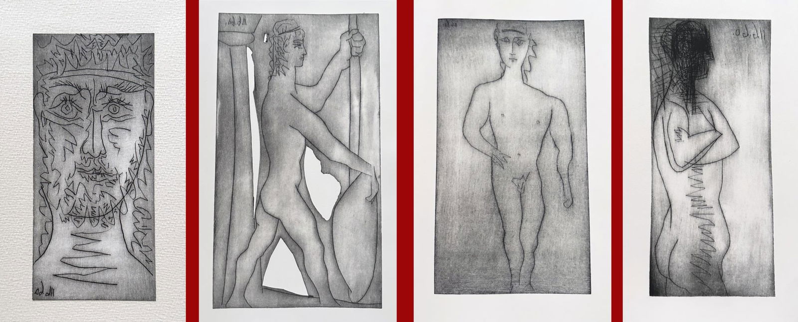 Picasso. VIII Pythique. With four original etchings, PAB 1960, one of 44 copies: P.A. Benoit, Ale, Paris 1960. Translation by Jean Beaufret. Eight Pythian Ode portfolio, Complete with four original etchings by Picasso, of which one mounted on the cover wrapper. Loose as issued,