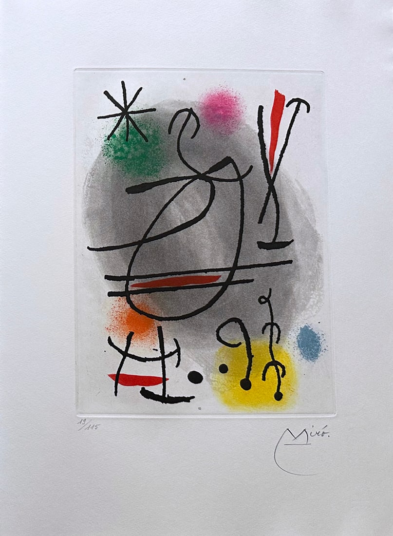 Joan Miro Original signed etching with aquatint. 1978. One of 115 copies.: Original etching with aquatint in colors by Joan Miro. Signed in pencil on the right, and numbered on th eleft. One of 115 numbered in Arabic numerals in Rives paper. Published in 1978 by Erker Presse