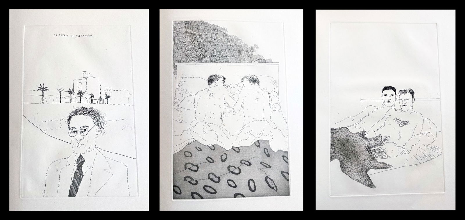 Hockney, Cavafy. Illustrations for Fourteen Poems by C. P. Cavafy (Edition B). With 12 etchings by: Editions Alecto, London, 1967. The complete book of twelve etchings with aquatint, and twelve poems by Cavafy, on Crisbrook handmade paper, 1966-67. One of 500 copies. Signed and numbered on