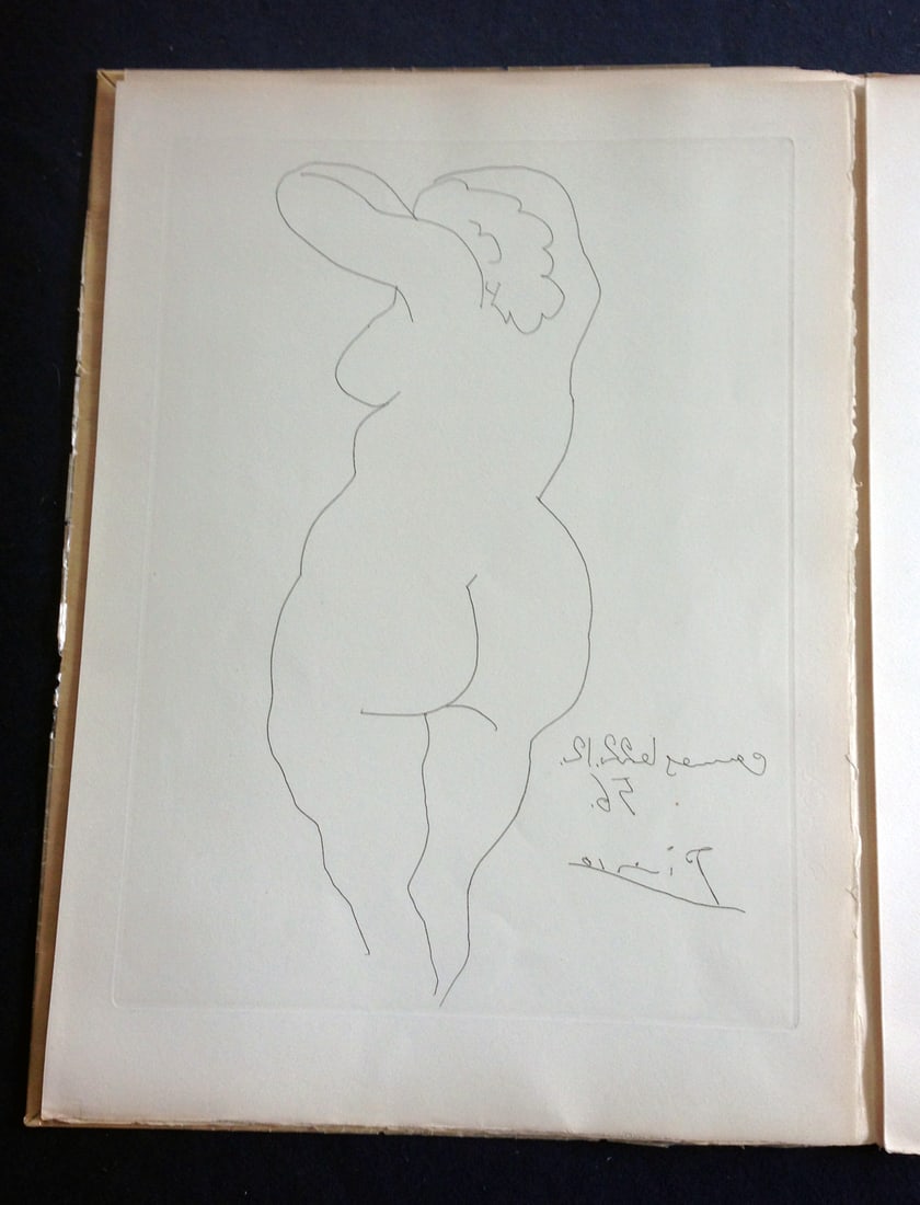 Picasso. Temoignage. With an etching by Picasso.: Jean Cocteau. Pierre Bertrand Editeur Paris, 1956. Illustrated with one etching by Picasso depicting a nude turned on the back, dated, signed, and inscribed in plate, and one etching by Paul Lemagny,