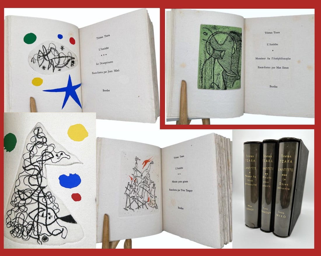 L’Antitête by Tristan Tzara: Monsieur Aa l’Antiphilosophe. - Minuits pour géants. - Le: Bordas, Paris, 1949. Three volumes of poems by Tristan Tzara, comprising of 23 etchings in color by Max Ernst, Yves Tanguy, and Joan Miro held within an artistic binder created, signed, and dated