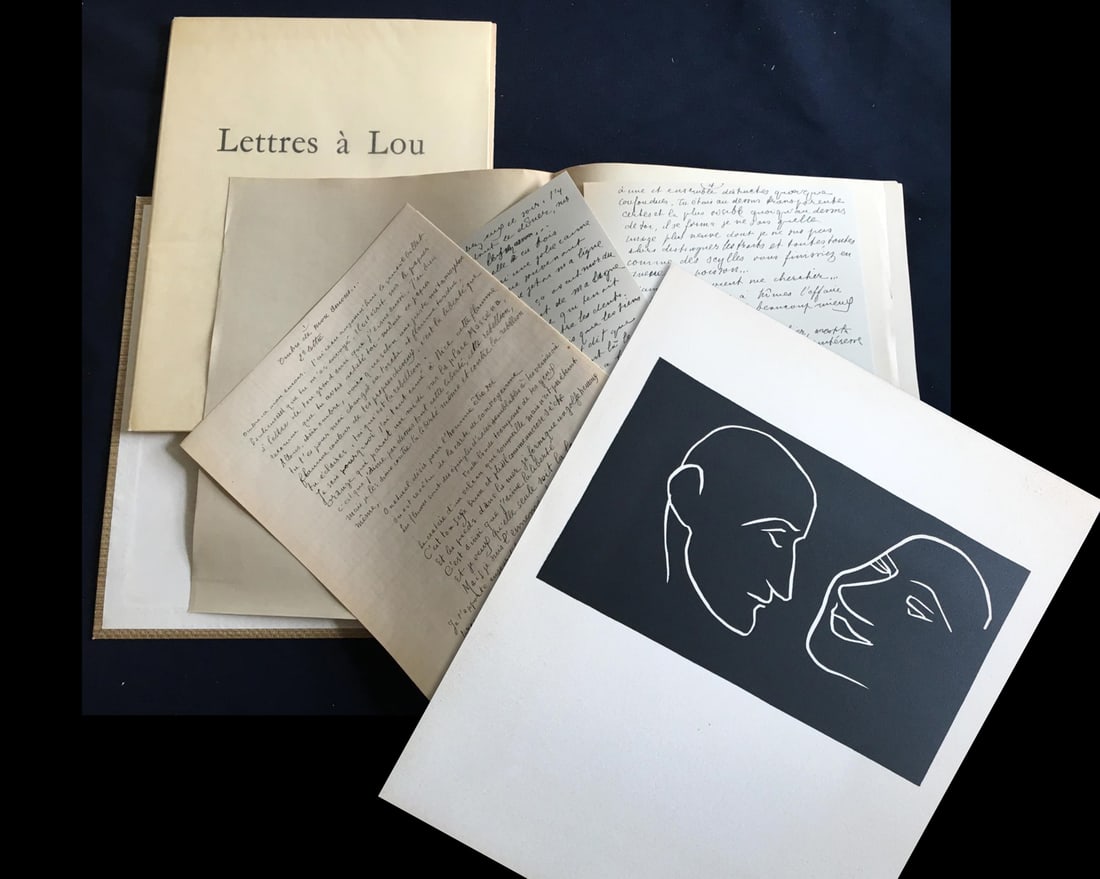 Matisse. Lettres a Lou. 1955, with one original woodcut.: Lettres a Lou avec une introduction d ' Andre Rouveyre. Apollinair Guillaume. 2 volumes. Geneve Pierre Cailler, 1955. With one original linocut by Matisse in frontispiece, depicting a double portrait
