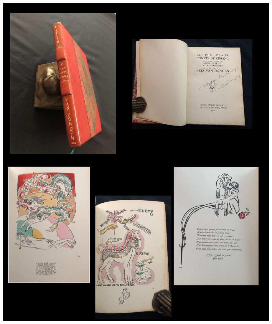 Van Dongen. Les plus beaux contes de KIPLING, 1920. With 23 pochoirs in color.: Rudyard Kipling. Illustrated by 23 color pochoirs by kees Van Dongen. With a dedication in pen by Van Dongen in frontispiece. Editions de la Sirene, Paris, 1926. One of the 250 copies in Velin de Rive