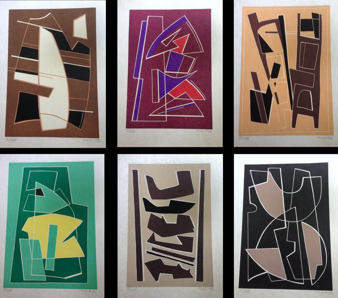 Alberto Magnelli. La Magnanerie de Ferrage. With 6 Linoleum cut + Suite. 1971.: Introduction by André Pieyre of Mandiargues. Societe Internationale d'Art du XXe Siecle, Paris 1971. One of 15 copies in Japan Nacre numbered in Roman from I to XV, with a suite of 6 Linoleum cut in