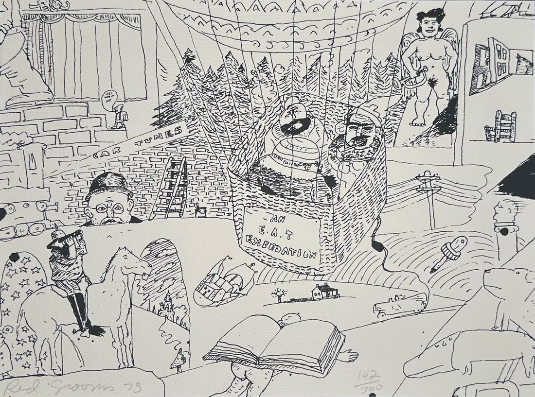 Red Grooms signed Screenprint. 1973. One of 300 copies.: 1973, screenprint in black and white. Composition and sheet: 8 7/8 x 11 15/16" (22.6 x 30.3 cm). Signed and numbered on the bottom left. Stamped on verso Copyright 1973 By Red Grooms Printed At