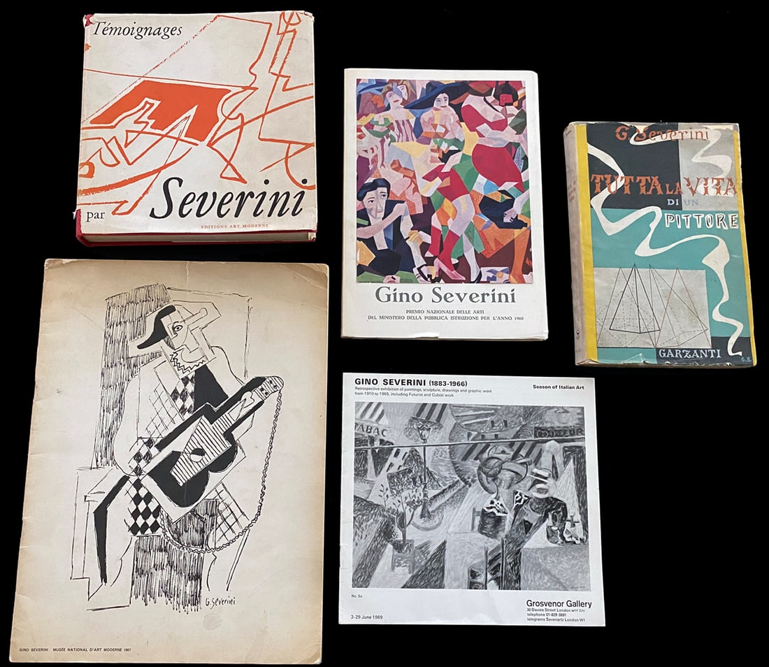 Gino Severini Books & Catalogs (5 items): The lot includes five books: 1) Tutta la vita di un pittore. Gino Severini Garzanti editore 1st edition. 1946 with dedication in pen by Severini to Edward Frot Fry. Cover designed by the artists. Text