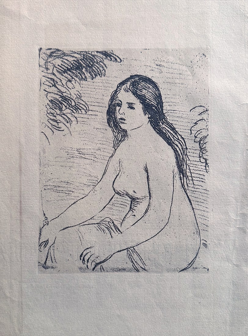 Renoir. Femme Nue Assise 1909 - Original etching: Renoir Soft groung etching, 1909 from Kunst und Kunstler vol. 7, printed on laid paper with watermark Van Gelder Zone. Ref Delteil #12 - Dim. 12.5x10 inches