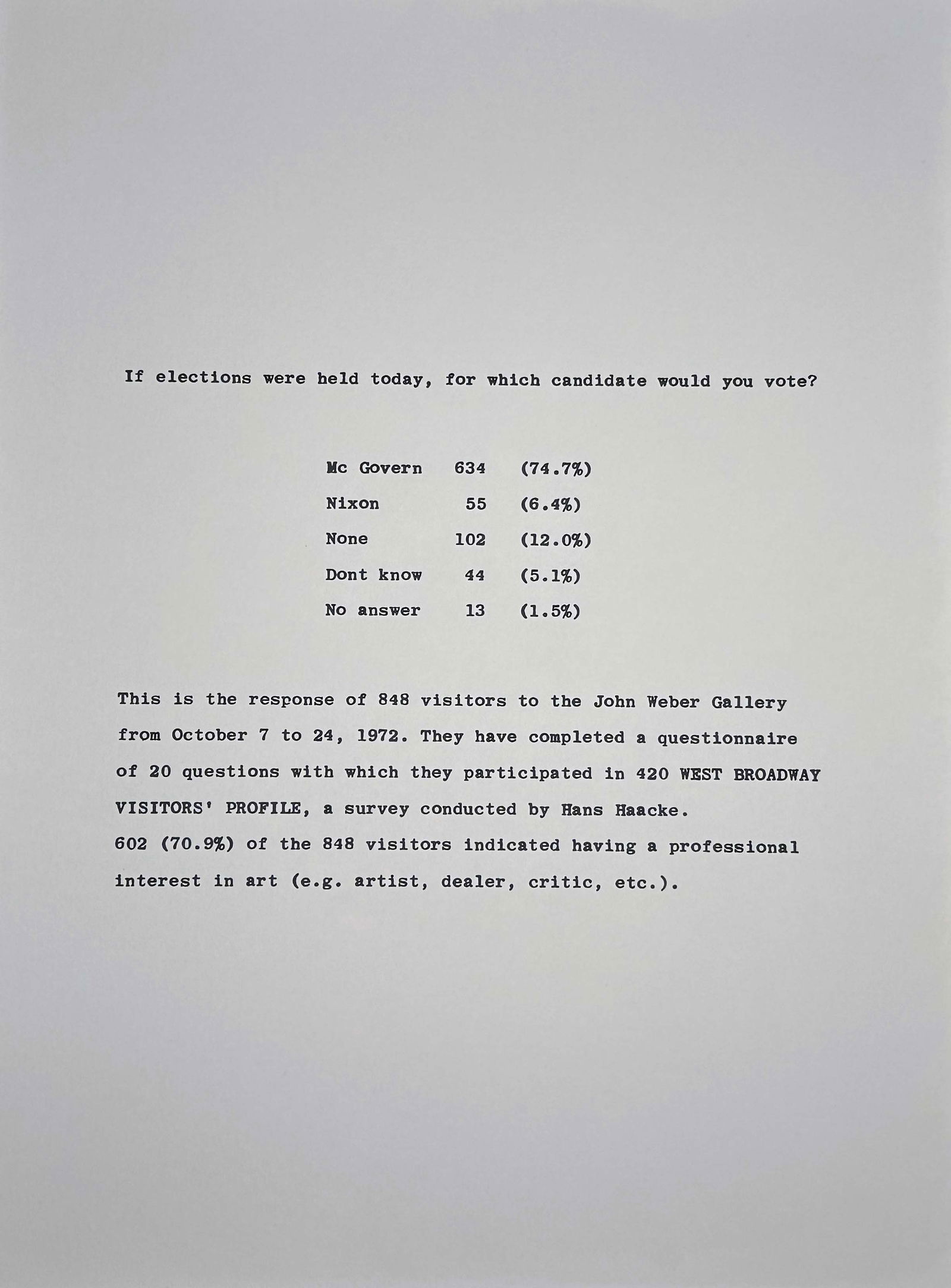 Hans Haacke. Screenprint 1973. One of 300 copies.: Untitled. 1973, unsigned screenprint in black and white, numbered in pencil on verso Stamped on verso Copyright 1973 By Hans Haacke" "Printed At Styria Studio". This work is from the edition of 300 pr