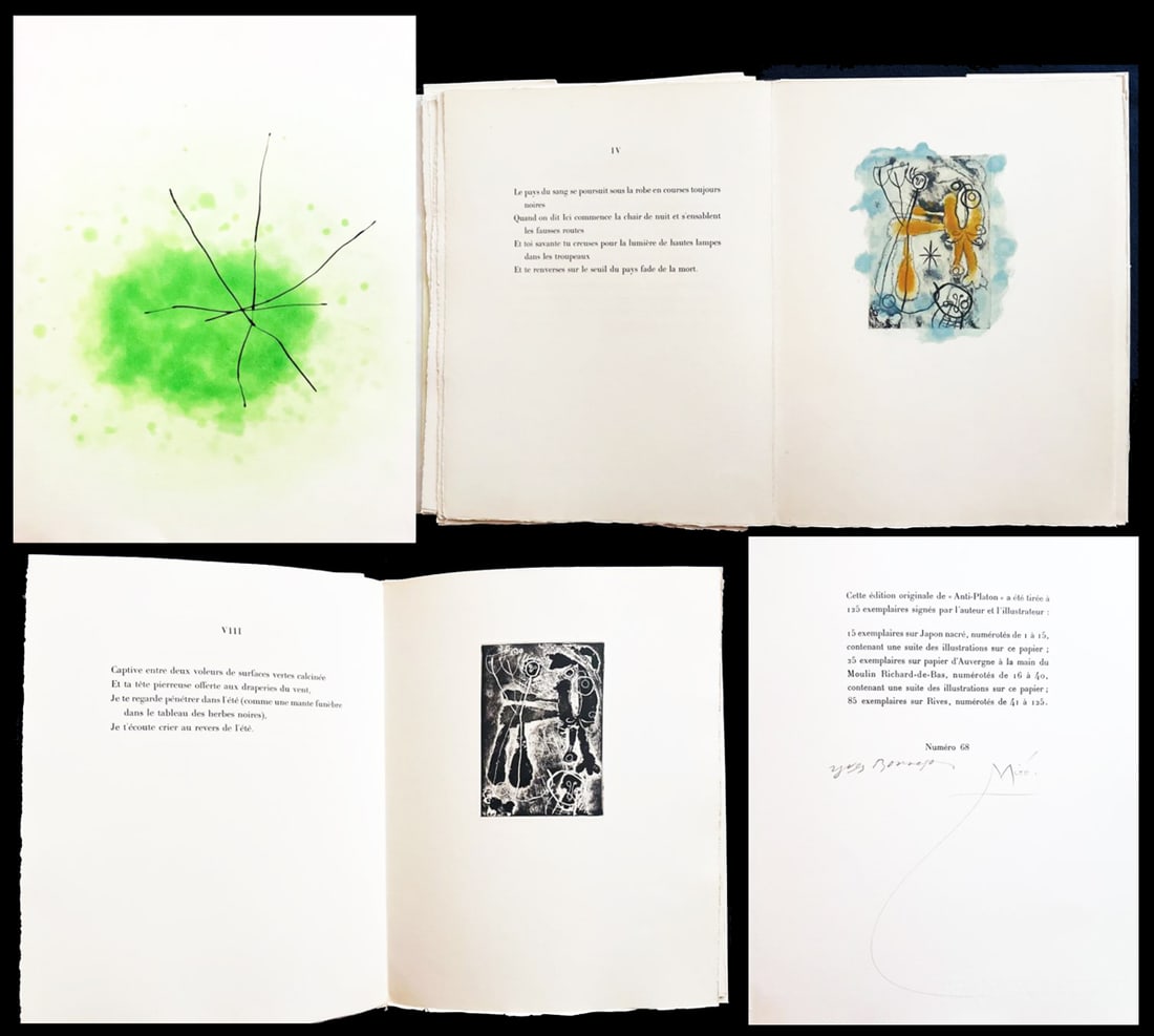 MIRO. Anti-Platon, La Lumière de la Lame, Saccades. 3 Volumes of etchings and poems. 1962.: Maeght Editeur, Paris, 1962. A complete set of three volumes featuring poems by Yves Bonnefoy (Anti-Platon), André du Bouchet (La Lumière de la Lame), and Jacques Dupin (Saccades), each illustrated