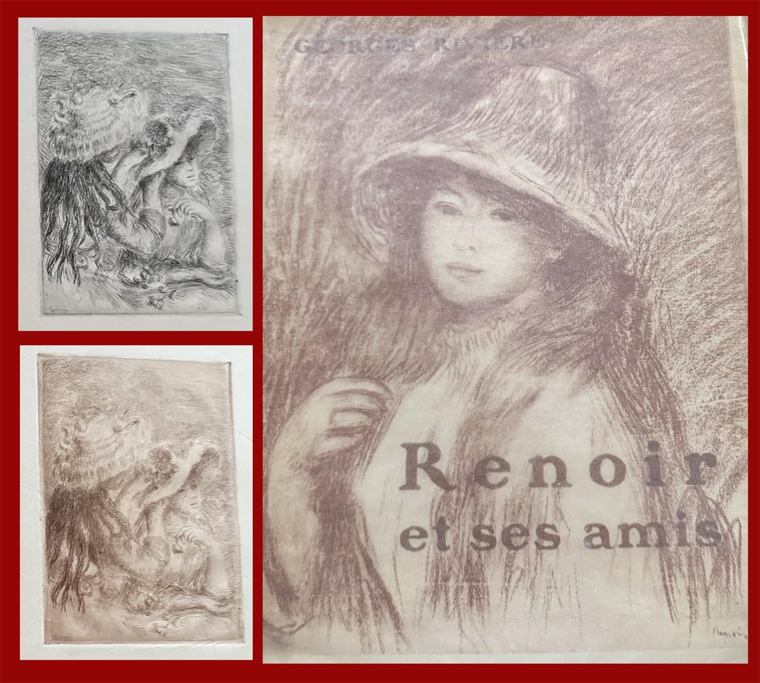 Renoir et ses amis. Deluxe edition, with etching in 2 states: Renoir et ses amis. One of 150 copies on Japan paper, with an original drypoint by Renoir (Le Chapeau épinglé, Delteil 8) in double state (black and sanguine), and a color lithograph (Tête de